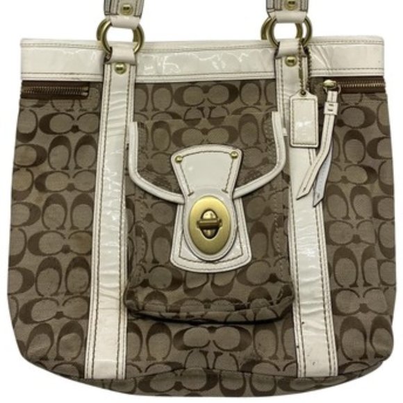 Coach Handbags - COACH XL Tan White Jacquard Fabric Shoulder Bag